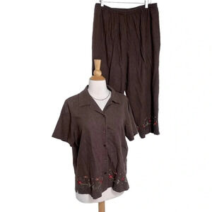 Kim Rogers Brown Linen blend short sleeve top & capris pants set Vintage‎ Y2K